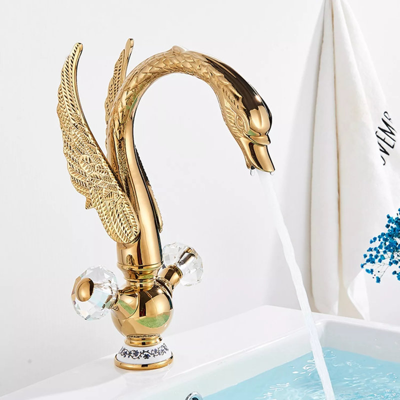 Bathroom Faucet Swan Design Single Hole Lavatory Faucet with 2 Crystal Knobs Deck Mount Bathroom Sink Faucet with Water Supply Hose