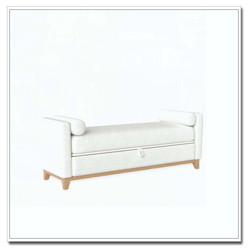 Banc rembourré en bois massif, Beige+Natural, 66 Inch+Storage
