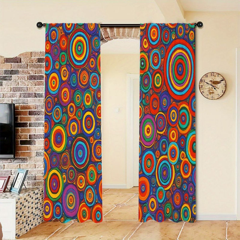 2Pcs Vibrant Circles Curtains, Bold Concentric Rings Design, Retro Abstract Art, Rod Pocket Light Filtering, Funky Groovy Style, All-Season For Living Room Bedroom Dorm Window Decor