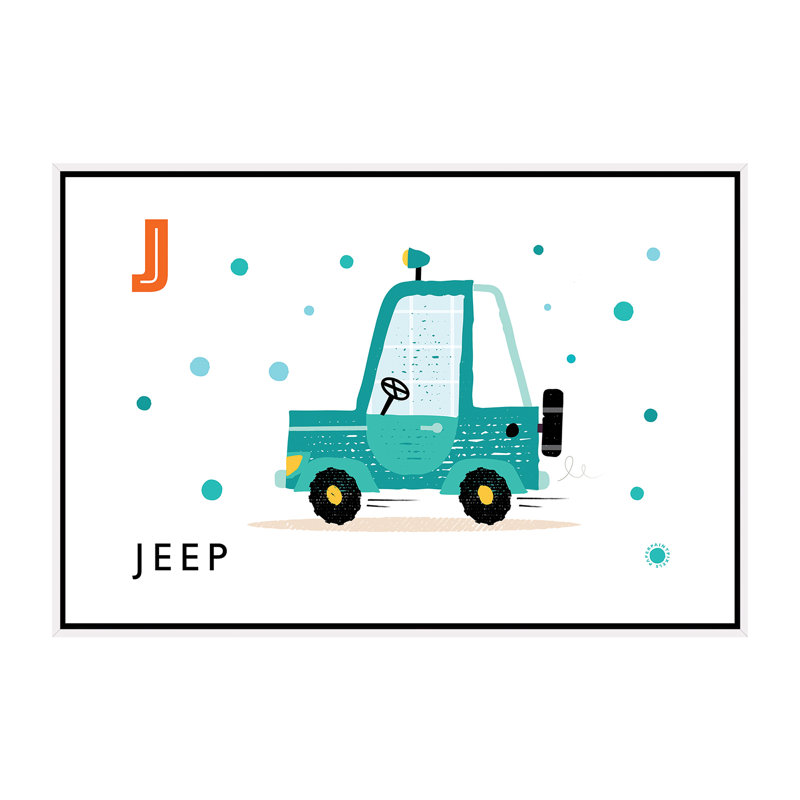 J Is for Jeep - impression d'art graphique, H 40 po x l 60 po x 1,5 po, Toile blanche encadrée, Pas de tapis