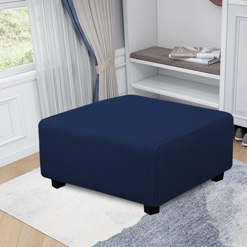 Stretch Square Ottoman Cover 40X40x15 Inch Folding Storage Stool Furniture Protector Soft Rectangle Slipcover With Elastic Bottom Navy