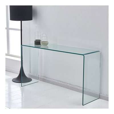 Console en verre, console en verre trempé transparent avec bureaux à bords arrondis, table de canapé
