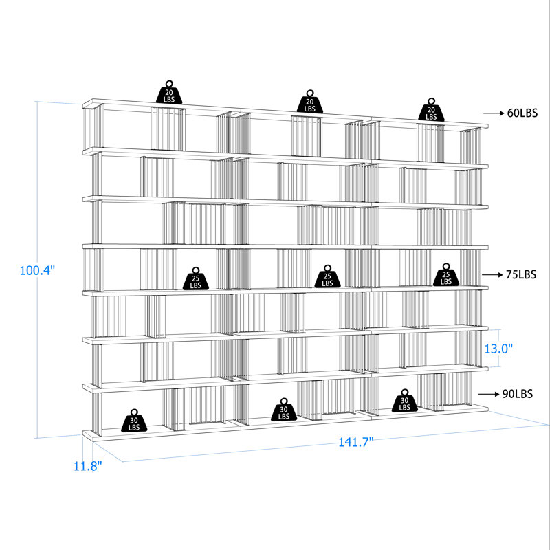 Noractur Iron Standard Bookcase, (7 Shelves) 100.4" H x 141.7" W x 11.8" D