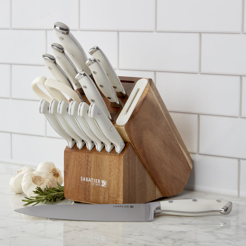 Sabatier Sabatier Acacia Forged Triple Rivet Edge keeper Knife Block Set, 15-Piece, White