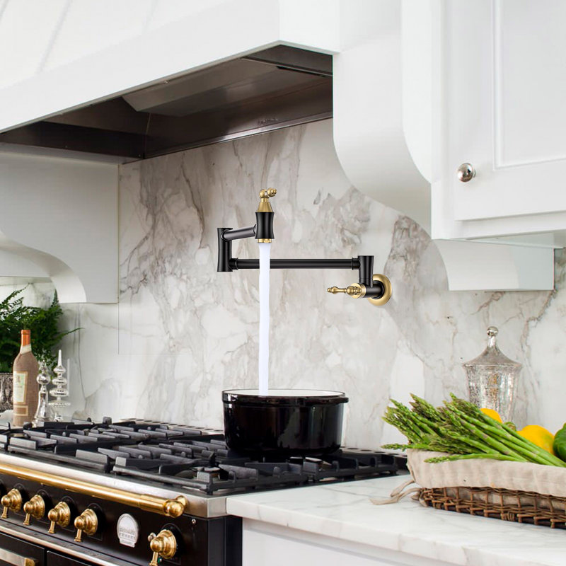 ARCORA Wall Mounted Pot Filler Brass Folding Kitchen Faucet with 2 Handles, Black/Gold