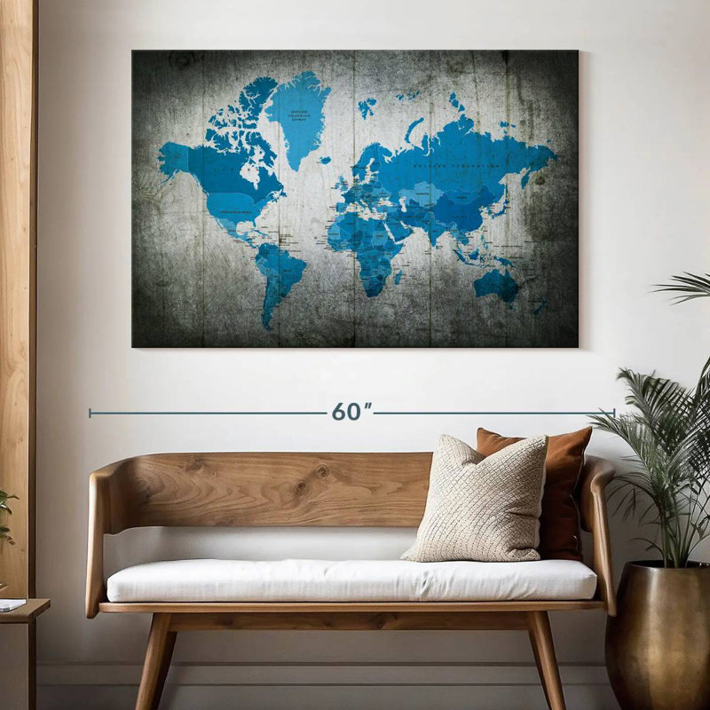 Aliaz Blue Continents World Map, 34" H x 51" W