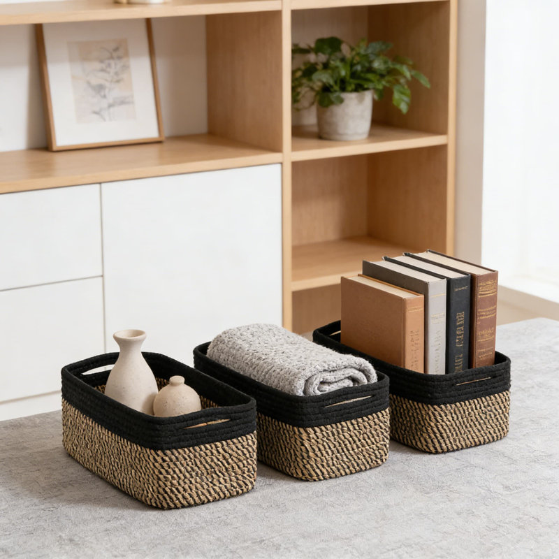 Woven Rope Storage Baskets 3-Pack, Collapsible Organizer Bins For Shelves, Closet, And Home Organization, Rectangular Decorative Baskets For Towels, Toys, And Essentials