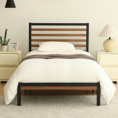 Orv Metal Platform Bed with Middle Wooden Slat Headboard