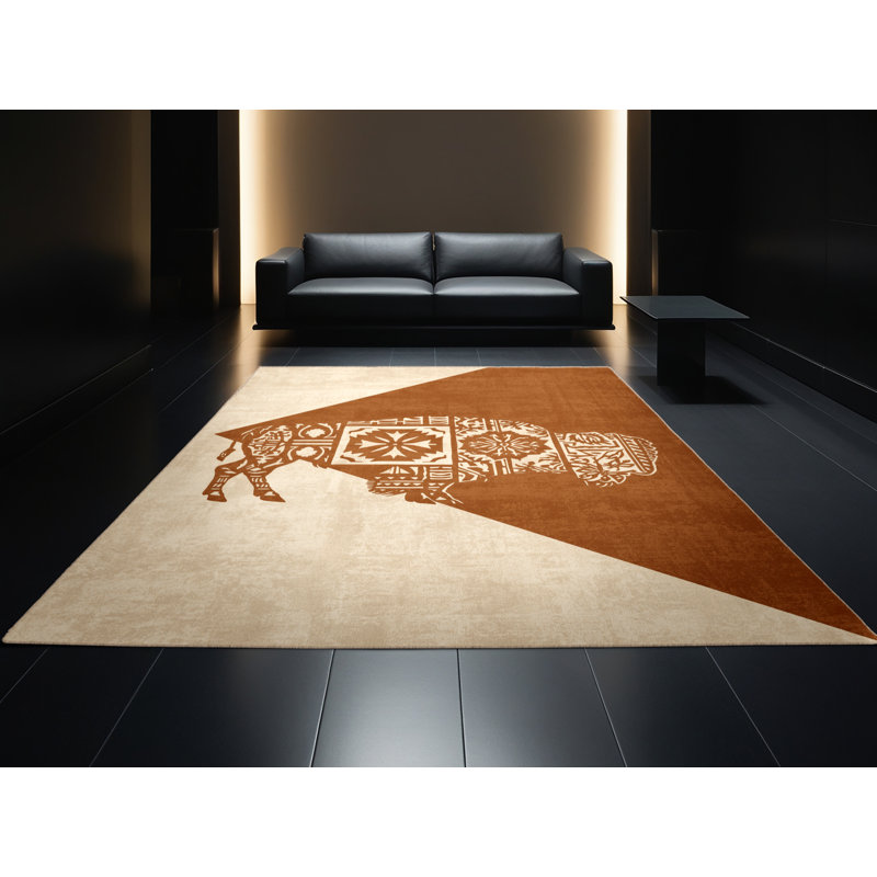 Tapis beige moelleux moelleux à motif de blocs rustiques blancs, 7 x 10