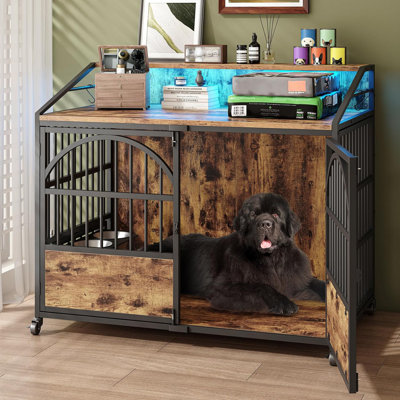 44 Inch Heavy Duty Dog Crate Furniture with 3 Doors, 360° Stainless Steel Bowls, Lockable Wheels