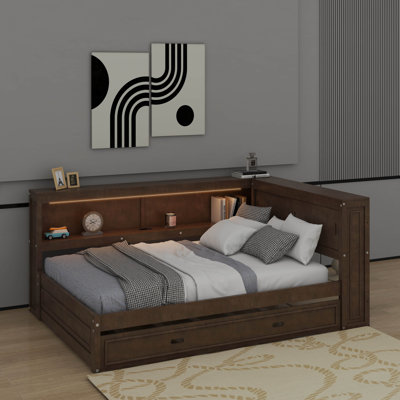 Lit de jour en bois pleine grandeur avec tablettes, DEL, USB et lit gigogne
