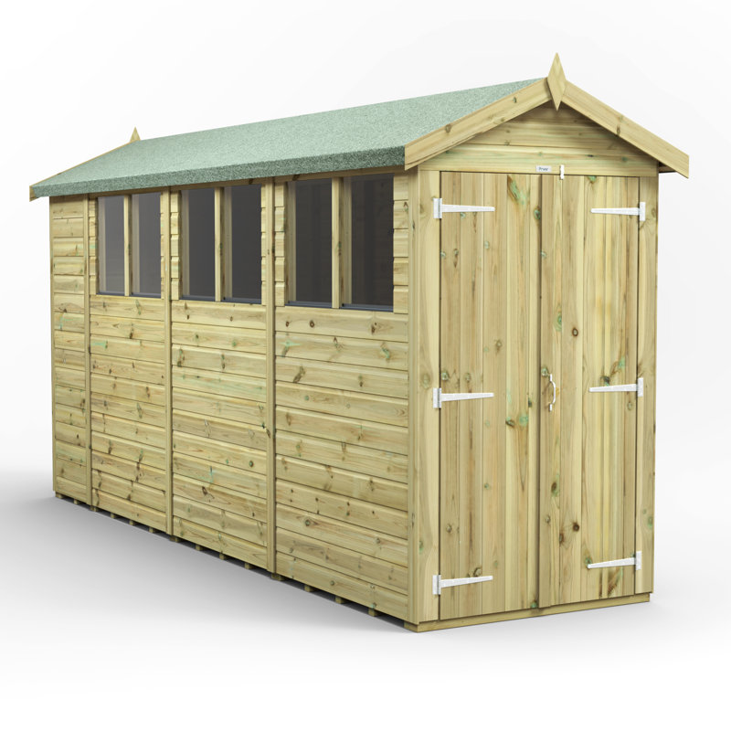 Powersheds 14 x 4ft Premium Pressure Treated Timber Apex Garden Shed, Double Doors