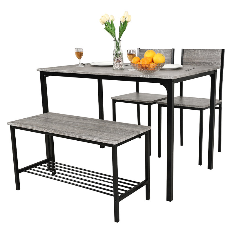 Dining Table Set With 2 Chairs And 1 Bench Rectangle Desk Furniture, Grey/Black
