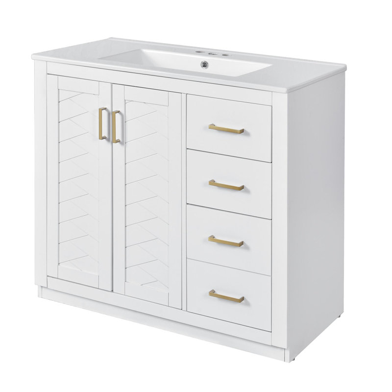 Meuble-lavabo de salle de bain avec lavabo en céramique, Blanc, 36