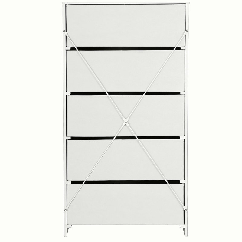 Commode 5 tiroirs avec grands tiroirs en tissu, blanc