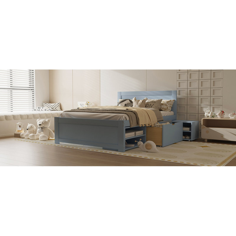 Lit plateforme avec tiroir et deux tablettes, Gris, Lit double