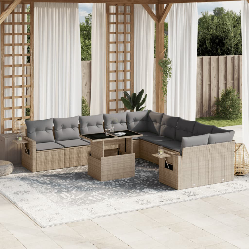 Vidaxl 11-Tlg. Garten-Sofagarnitur Mit Kissen Beige Poly Rattan