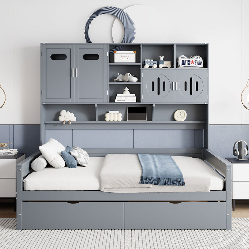 Wooden Daybed With 2 Drawers, Gray, Full