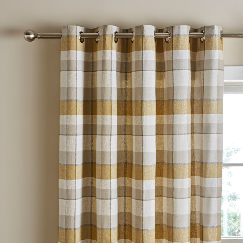 Brushed Cotton Thermal Check Lined Eyelet Curtains, 117 W x 137 D cm, Ochre