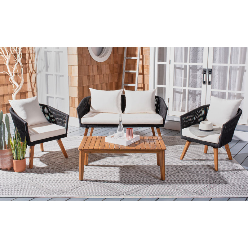 Ensemble de conversation avec canapé en rotin et coussins 4 pièces Aliza, Beige, Noir, noir, noir, noir