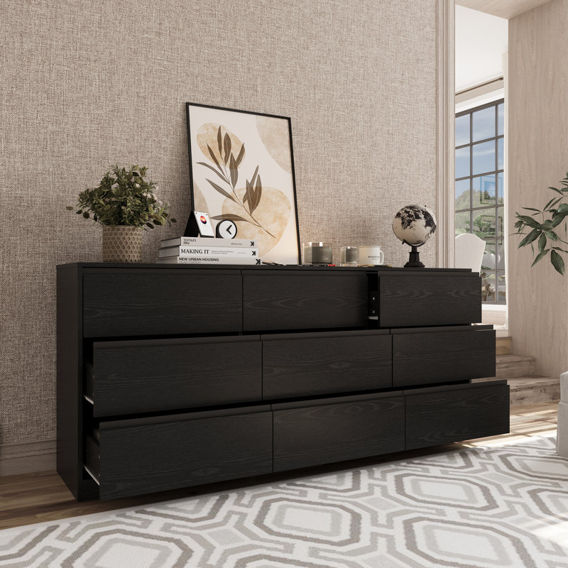 70.88" W- Dresser With 9 Drawers, Large Modern Chest Of Drawers With Deep Drawers, Black