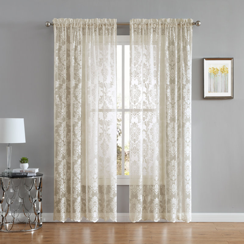 Froehlich Floral Sheer Lace Curtains in Black, Ivory, Linen and White Colors, 54" W x 96" L, Linen