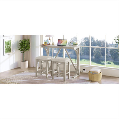 Ensemble de table de salle à manger 3 pièces à hauteur de comptoir avec port USB et tabourets rembourrés, bois massif blanc pur, table de bar rectangulaire compacte