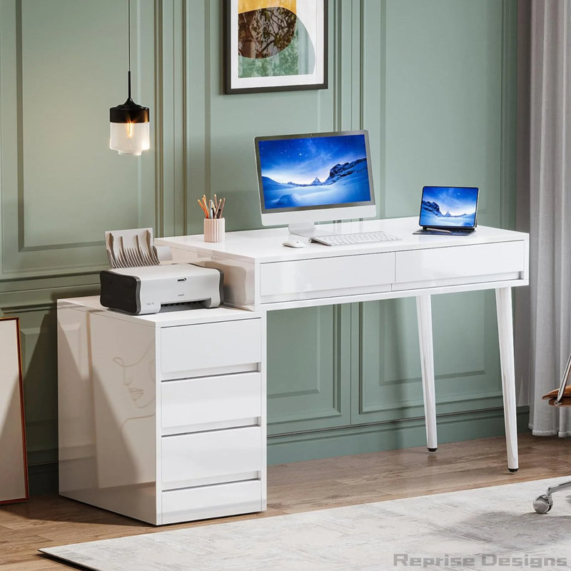 Bureau 39,37 "blanc brillant moderne avec 5 tiroirs 39,37"