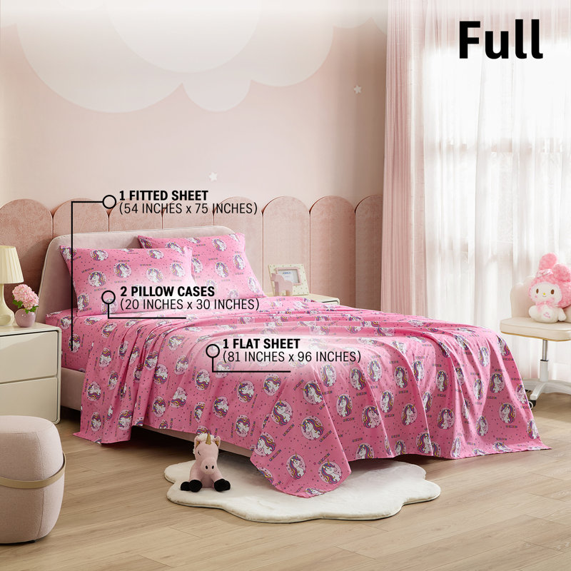 HLC.ME Pink Unicorn Printed Kids Bed Sheets - 4 Piece Patterned Bed Sheet Set - Wrinkle Resistant & Ultra Soft - Fits Mattresses up to 15 Inches Deep - Full