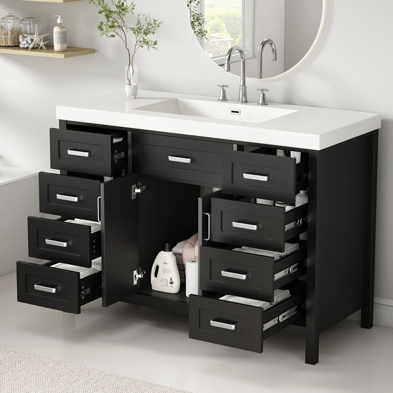 Meuble-lavabo de salle de bain de 122 cm (48 po) avec lavabo en résine, 2 portes et 8 tiroirs, système de fermeture amortie