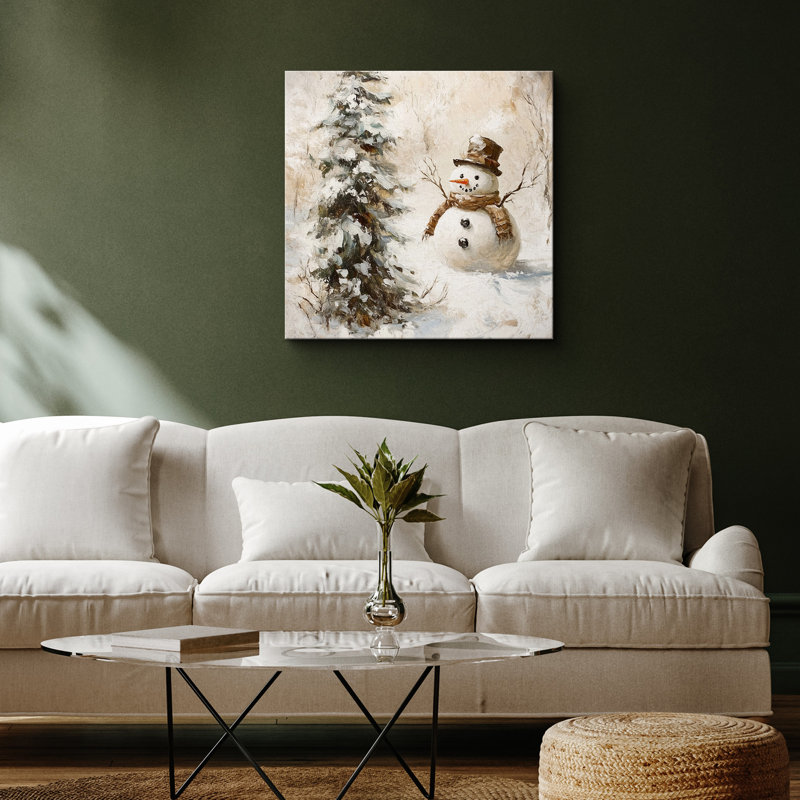 Bonhomme de neige avec arbre de Noël en hiver, décoration de maison de vacances rustique moderne, impression sur toile encadrée