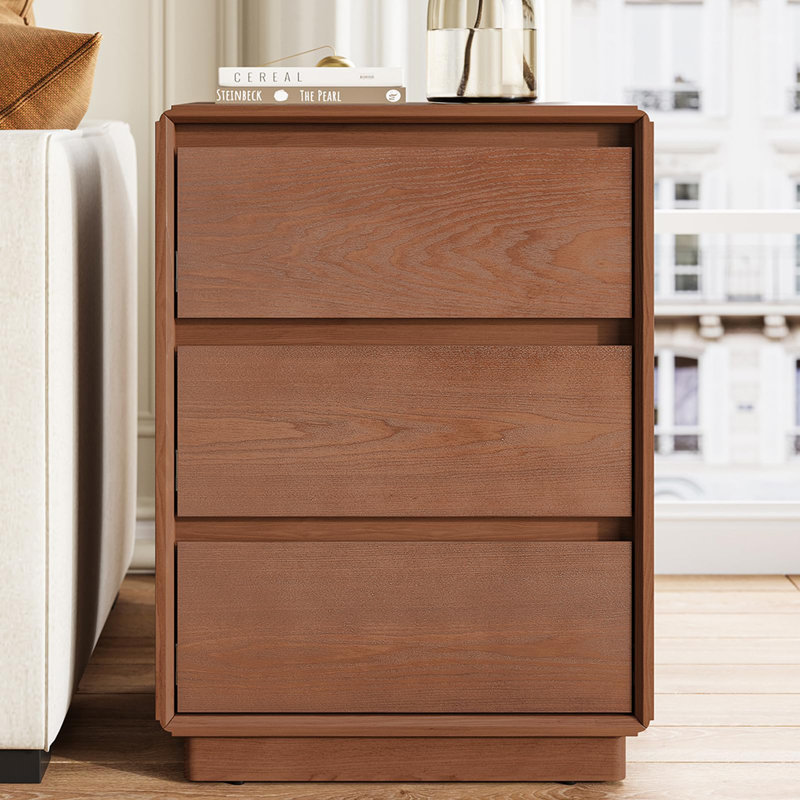 Table de chevet en bois avec trois tiroirs, table de chevet avec rangement de style moderne Mid-Century, table de chevet pour chambre / bureau, brun
