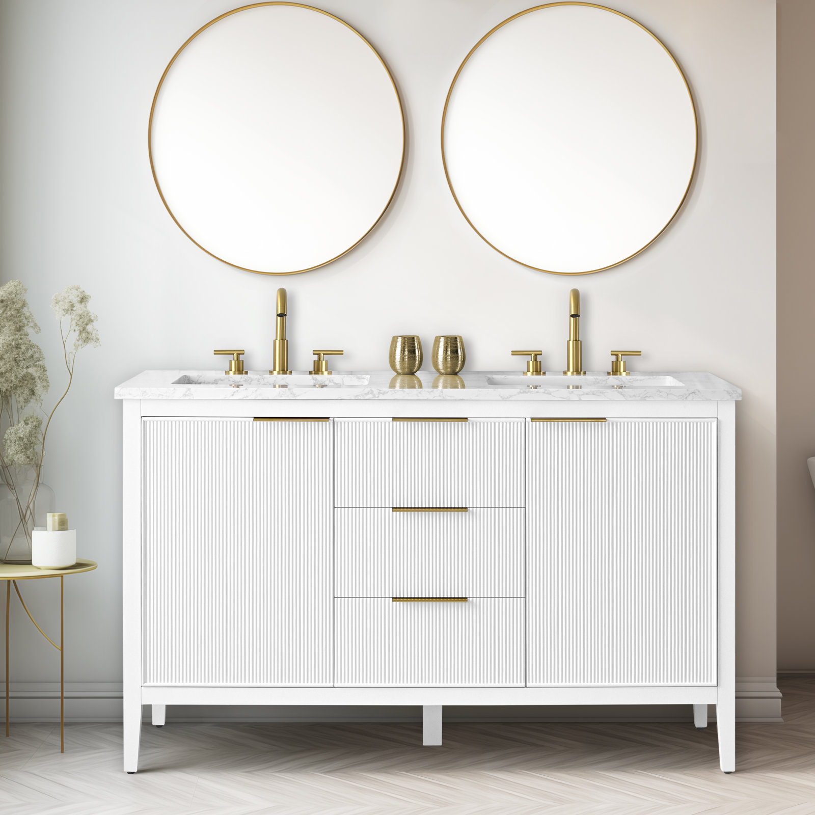 Bilroy 54" Pine Double Bathroom Vanity, White/Brushed Bronze