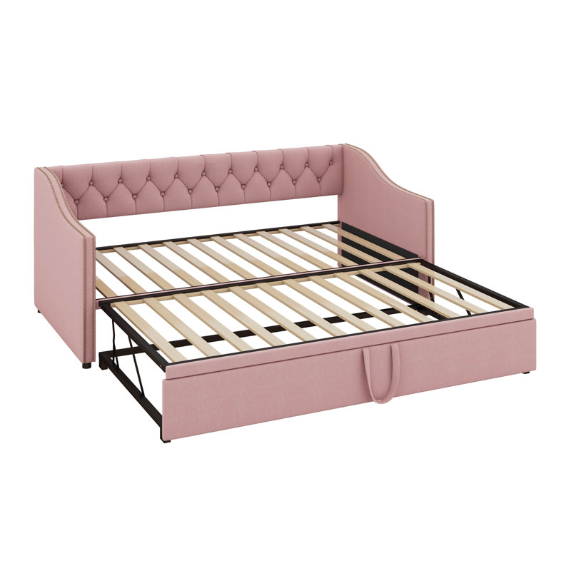 Lit de jour simple rembourré extensible avec lit gigogne escamotable, cadre de lit simple en bois à très grand lit avec dossier et accoudoirs