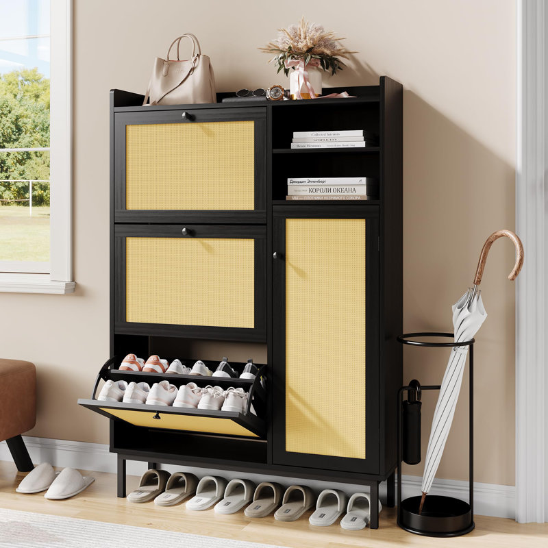 Natural Rattan Shoe Cabinet – Freestanding Storage Organizer with 3 Turn Drawers & 5-Tier Shelves – Modern Entryway, Hallway, Closet Furniture – Black Color