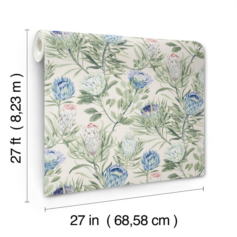 Rouleau de papier peint L 27 pi x l 27 po Protea, Crème/bleu