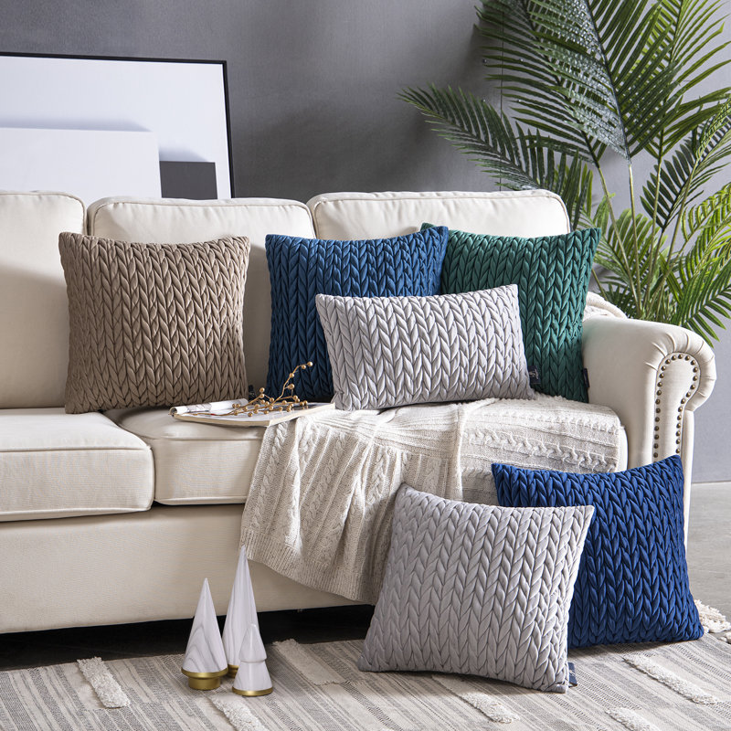 Velvet Quilted Throw Pillows, Braided Textured Decorative Cushion, Rectangle 12"H x 20"W, Gray