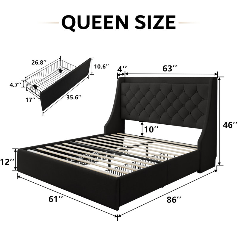  Queen Bed Frame With 4 Storage Drawers, Upholstered Platform Bed Frame With Type-c & Usb Ports, Wingback Storage Headboard,black