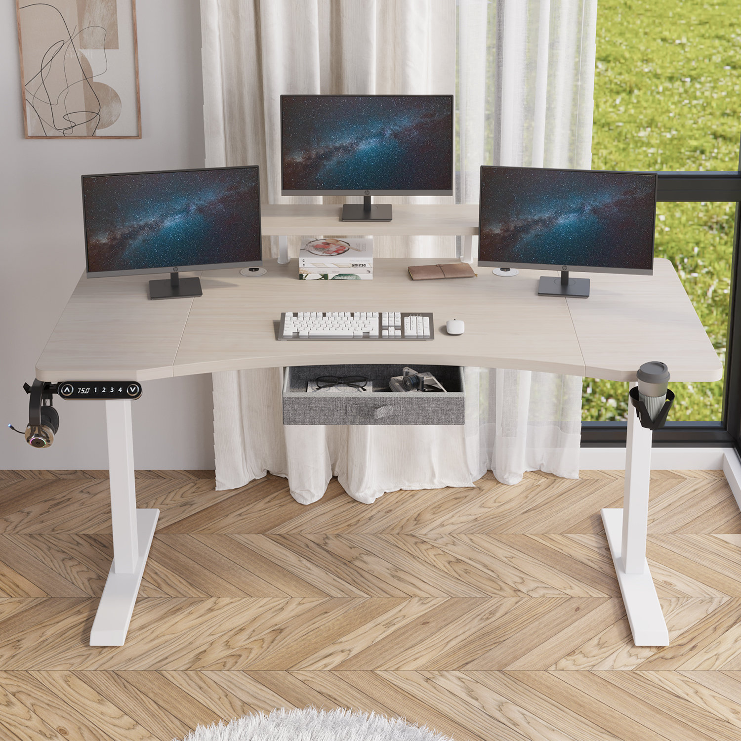 FEZIBO 63 Triple Motor L Shaped Standing Desk with LED Strip & Power  Outlets, Height Adjustable Stand up Corner Gaming Desk with Ergonomic  Monitor