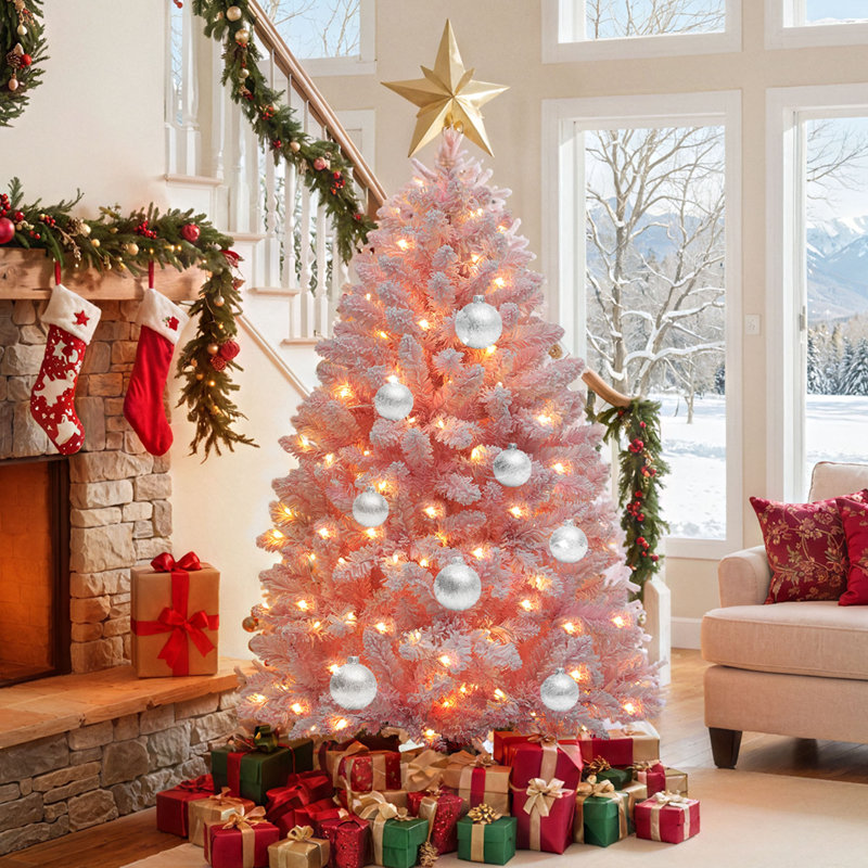 4.5ft H Lighted Artificial Pine Christmas Tree, Pink