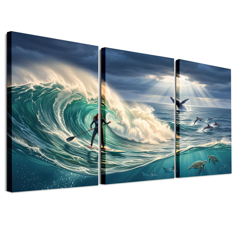 «Paddleboarder on Turquoise Wave», ensemble de 3 toiles, H 36 po x l 24 po x 3 pièces