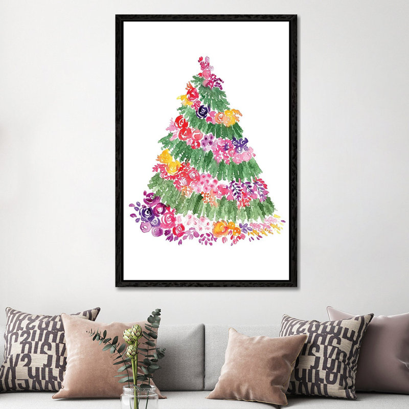 Floral Christmas Tree by Blursbyai - Gallery-Wrapped Canvas Giclée on Canvas, Black Framed, 152.5 cm H x 101.5 cm W
