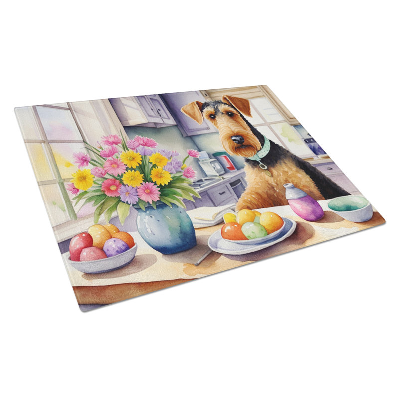 Decorating Easter Airedale Terrier Glass Cutting Board