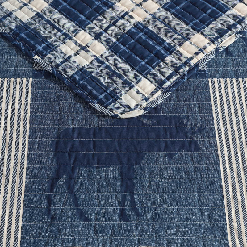 Ensemble de courtepointe réversible Eddie Bauer, Courtepointe pour grand lit + 2 taies décoratives, Patchwork bleu