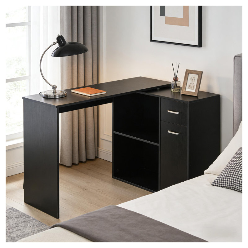 Bureau en coin rotatif en forme de L, poste de travail d'ordinateur réversible noir avec plateau en panneau de particules