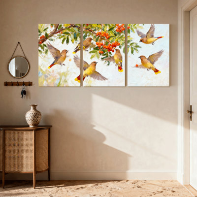 Oiseaux qui volent près de branches de baies, ensemble de 3 impressions sur toile