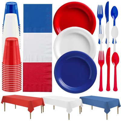 American Flag Themed Red White and Blue Disposable Party Plastic Plates Sets (60 Guests)