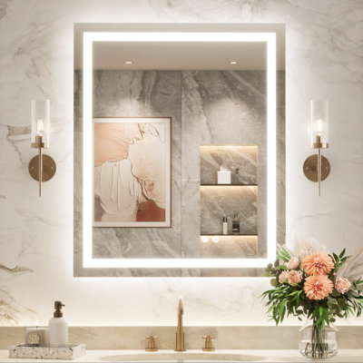 Miroir de meuble-lavabo à fixation murale avant et rétro-éclairé Cardier avec réglage en 3 couleurs, incassable, verre trempé