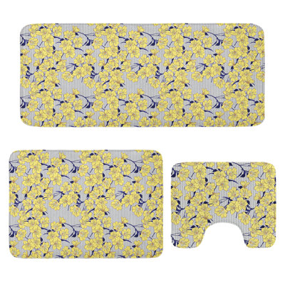 Flowers Bathroom Rug Set 3 Pieces U-Shape & Rectangle Mats Mustard Dark Navy Blue