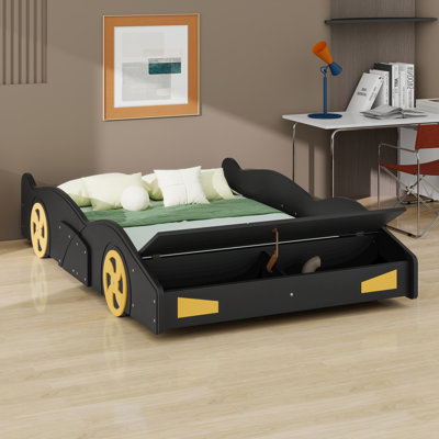 Sturdy Race Car Shaped Low Platform Bed Designed with Attractive Wheels and Integrated Storage